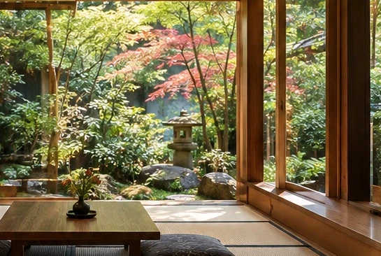 Japanese tatami room with garden view in Tokyo guesthouse