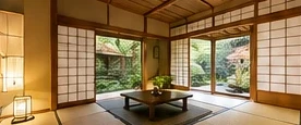 Traditional Japanese tatami room with futon and garden view