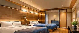 Japanese modern room with tatami floor and beds